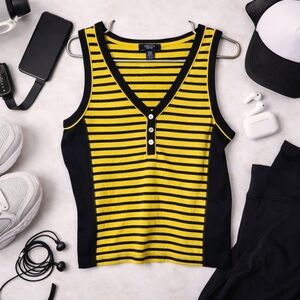 Chaps Striped Tank Top Womens Medium Yellow Black Henley Sleeveless